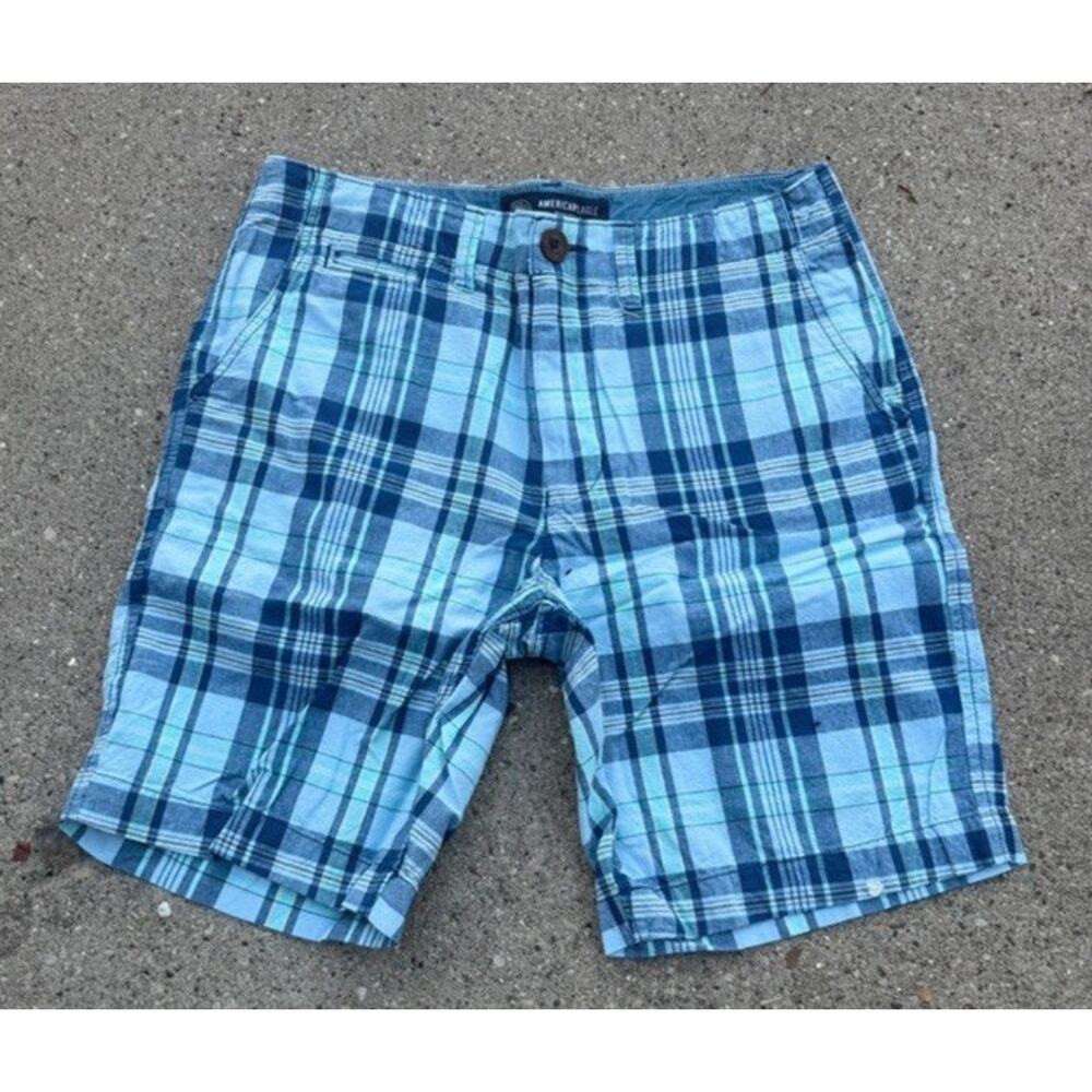 American Eagle Light Blue Navy Blue Plaid Men’s Shorts 30